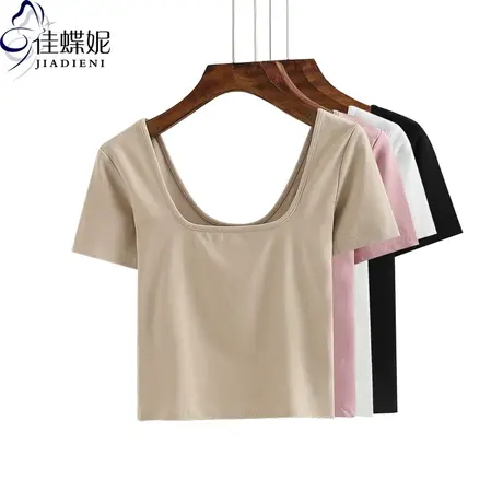 夏季新款纯棉短款修身显瘦双圆领短袖体恤上衣内搭打底衫女装T恤商品大图