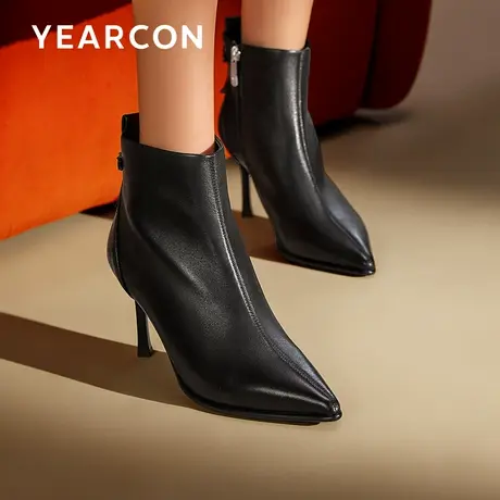 意尔康真皮踝靴女单靴2023秋冬新款气质尖头羊皮时装靴细高跟短靴商品大图