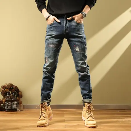 香港春秋黑色破洞牛仔裤男修身小脚韩版潮牌高端弹力休闲长裤秋季商品大图