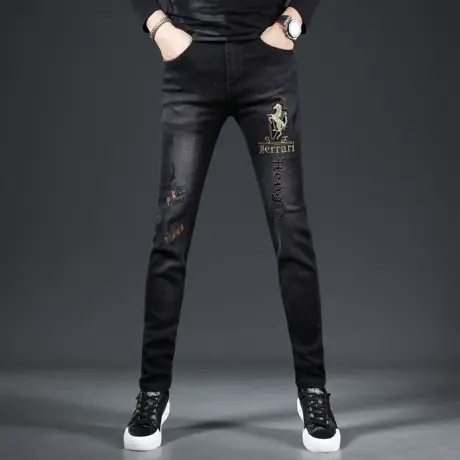 高端牛仔裤男2023新款秋季修身小脚黑色男士潮流刺绣弹力潮牌裤子商品大图
