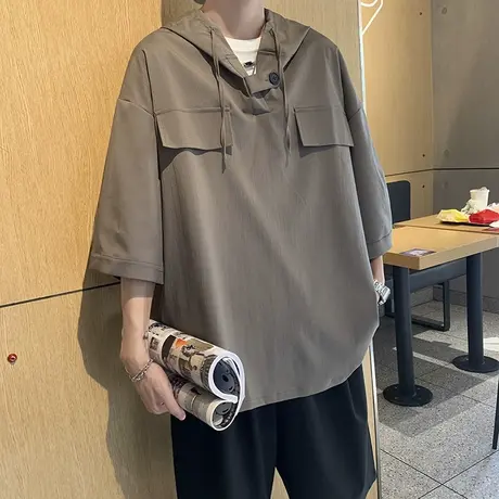 夏季男装连帽短袖t恤男大码七分袖薄款卫衣男款夏装运动上衣服潮商品大图