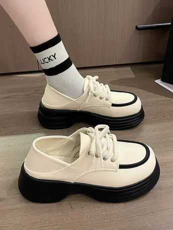 厚底松糕复古英伦一鞋两穿小皮鞋女2023秋季新款圆头时尚系带单鞋图片