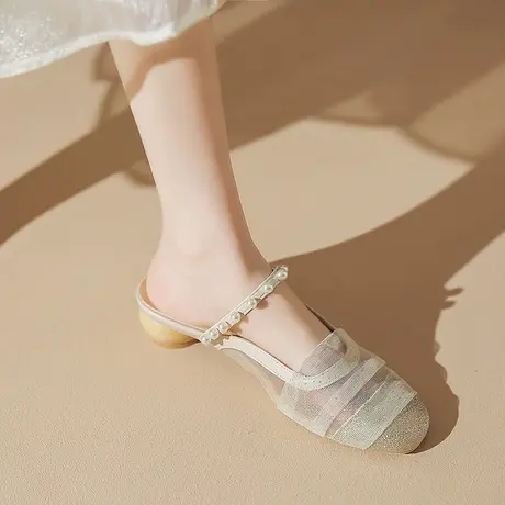 珍珠包头半拖鞋女2023年新款夏季凉拖鞋粗跟中跟法式温柔穆勒鞋女商品大图