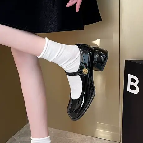 法式玛丽珍鞋女夏季2023年新款配裙子高跟粗跟气质黑色小皮鞋单鞋商品大图