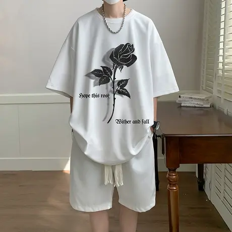 玫瑰刺绣印花高级感华夫格t恤男夏季美式七分袖套装潮流大码短袖商品大图