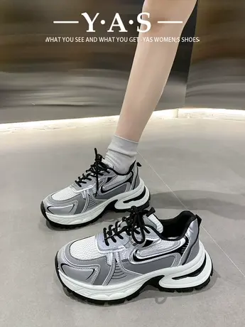 赵露思同款银色厚底休闲运动鞋女2024新款春季软皮松糕系带老爹鞋商品大图