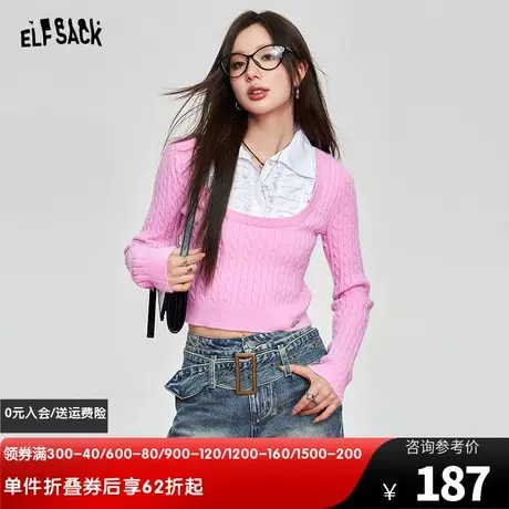 妖精的口袋假两件衬衫拼接粉色针织衫女2024早春新款修身显瘦上衣图片