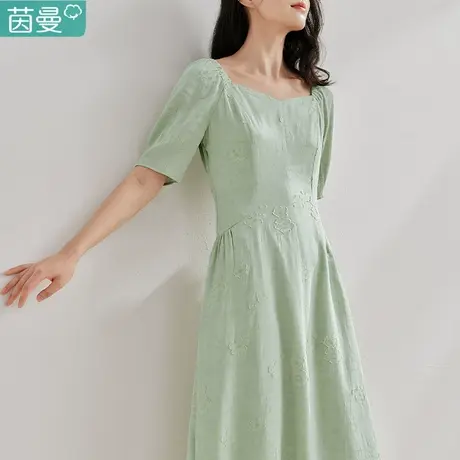 茵曼官方旗舰店法式连衣裙女2024年夏季新款方领收腰气质a字长裙图片