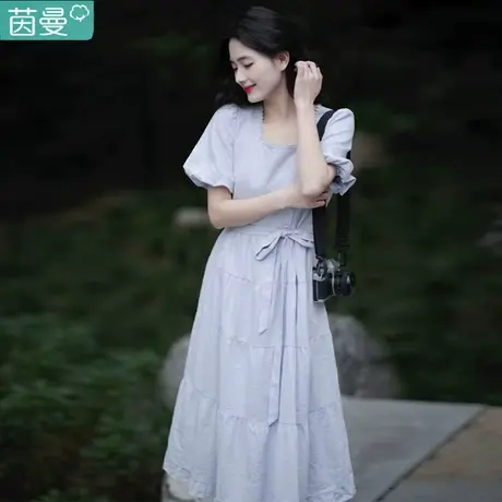 茵曼法式方领短袖连衣裙女士2023年夏季新款纯棉收腰裙子新品长裙图片