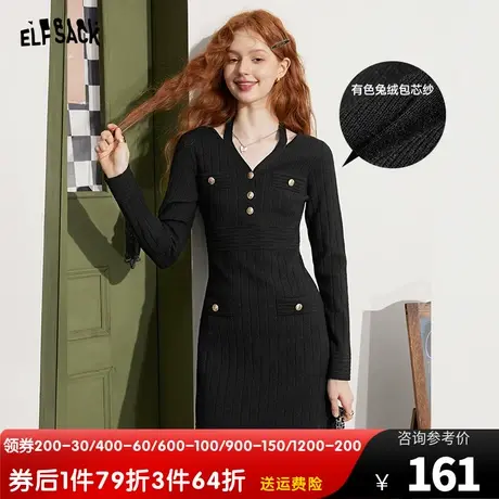 妖精的口袋法式小香风挂脖连衣裙女2023秋季新款黑色v领修身裙子图片