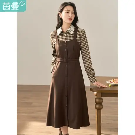 【商场同款】茵曼2022冬女装新款复古无袖宽松腰带连衣裙A字裙商品大图