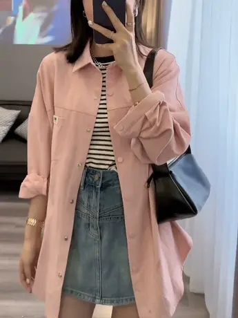 长袖宽松显瘦欧货牛仔衬衫外套女2023春季新款中长款休闲衬衣开衫商品大图