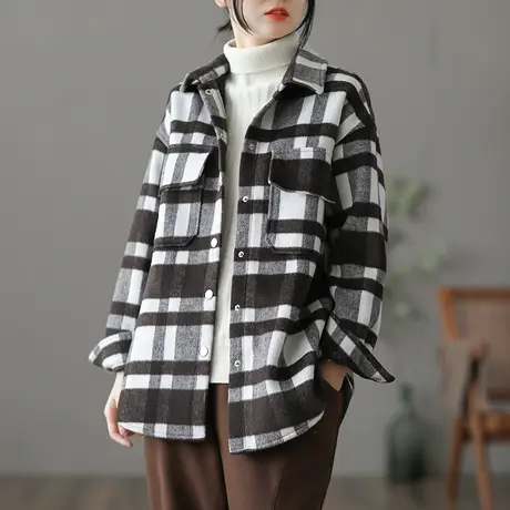 dza 复古宽松毛呢衬衫女士冬季新款气质格子衬衣百搭妮子大衣外套图片