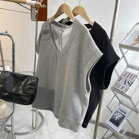 米妮绒棉宽松慵懒风V领马甲背心女2023韩版秋季内搭外穿无袖上衣商品大图