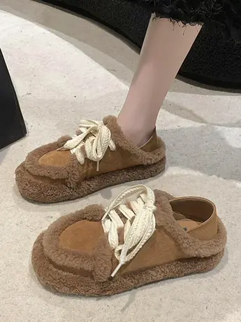 毛毛鞋女外穿毛绒单鞋2023新款秋冬季平底豆豆鞋丑萌休闲两穿女鞋商品大图