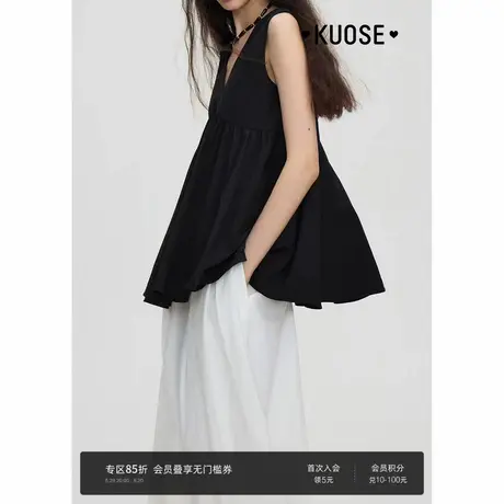 阔色黑色无袖V领外穿背心吊带女装2025夏季新款收腰娃娃衫上衣图片