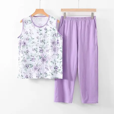 中老年人女纯棉开衫背心宽松大码薄款睡衣家居服坎袖系扣套装夏商品大图