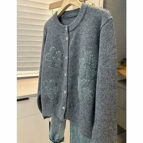 洋气亮片圆领针织开衫女设计感时尚长袖针织外套潮商品大图
