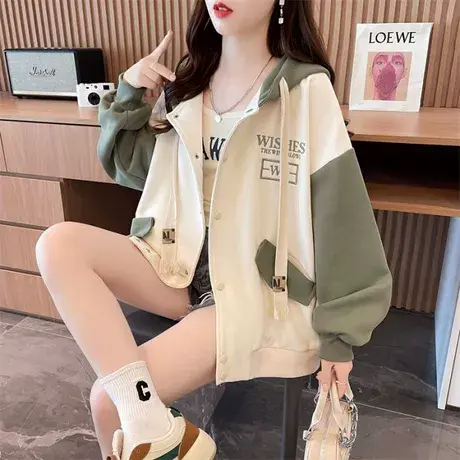 早秋装连帽卫衣女春秋季韩版宽松大码初秋薄款拼色棒球服开衫外套商品大图