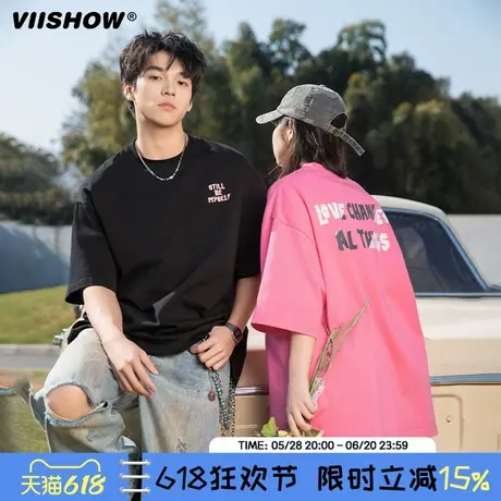 VIISHOW情侣字母印花纯棉短袖美式高街潮牌休闲宽松体恤复古T恤男商品大图