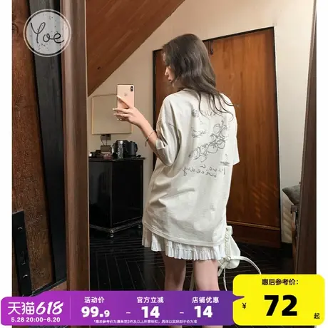 yoe圆领纯棉短袖t恤女上衣夏季新款宽松大版圆领女装设计感米杏色商品大图