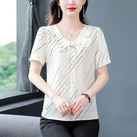 短袖女士雪纺衬衫夏季2023年新款洋气别致显白显瘦妈妈装遮肉小衫商品大图