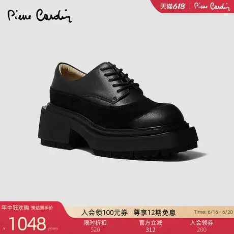皮尔卡丹女鞋摩登做旧潮流百搭反绒拼接德比高粗跟系带深口单鞋女商品大图