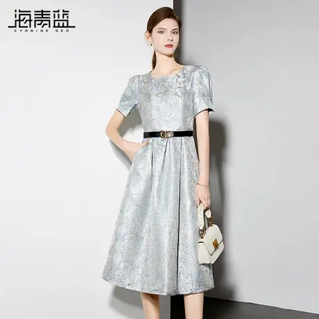 海青蓝气质优雅提花连衣裙女2024夏新款圆领泡泡袖减龄显瘦A字裙商品大图