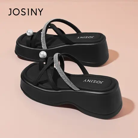 【JOSINY】种草推荐~水钻夹趾厚底松糕凉拖鞋女款增高海边沙滩鞋商品大图