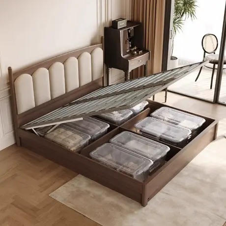 顾家家居实木胡桃木中古风主卧一米八双人高箱实木储物稳睡大床房商品大图