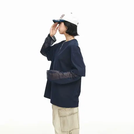 2025春秋新款假两件拼接长袖T恤女宽松休闲ins街头风圆领套头上衣商品大图