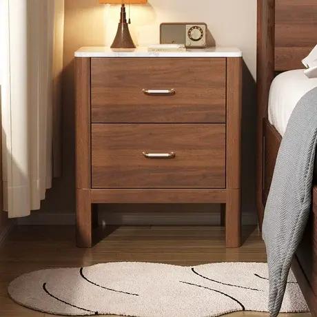 顾家家居实木新中式简约高级卧室小边柜胡桃木岩板收纳储物一体柜图片