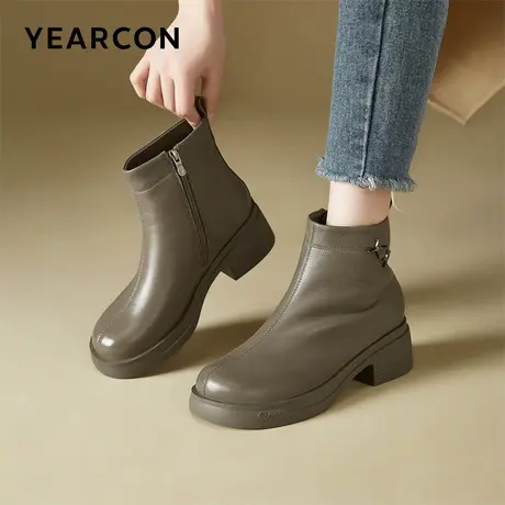 意尔康女鞋冬季羊皮法式加绒短靴粗跟气质显瘦真皮及踝靴女士皮鞋商品大图