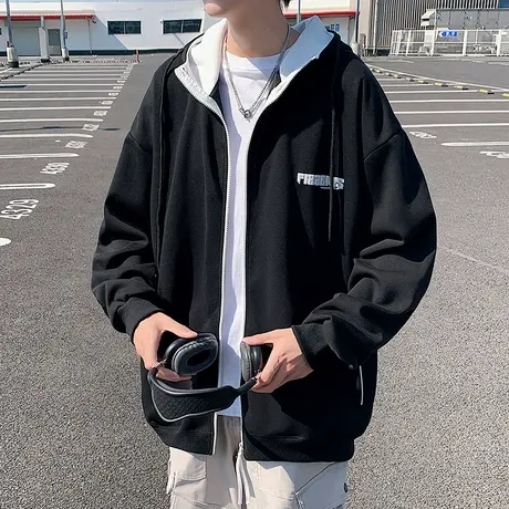 开衫卫衣男春秋季2025新款休闲宽松上衣美式男生大码拼接连帽外套商品大图