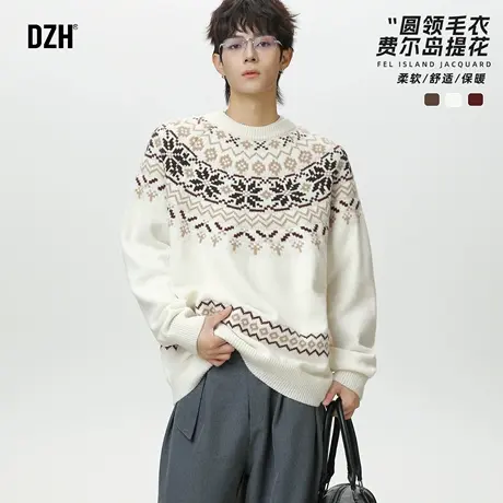 男士费尔岛提花圆领毛衣男2025新款美式复古秋季外套长袖针织衫潮商品大图