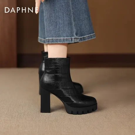 达芙妮高跟短靴女2026新款冬季加绒粗跟黑色女士马丁靴尖头瘦瘦靴商品大图