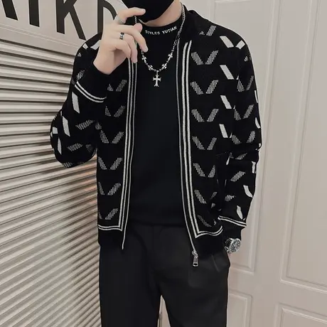 秋冬季印花开衫外套男新款男装毛衣休闲个性高级感拉链针织衫夹克商品大图