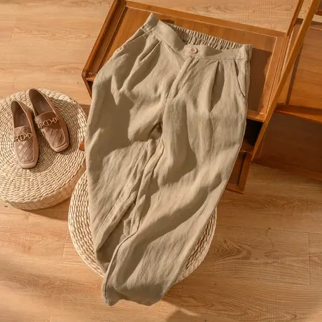 亚麻小脚裤宽松文艺复古棉麻工装裤女扣腰哈伦裤垂感2022春夏新款商品大图