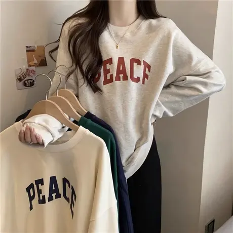 网红ins潮字母印花圆领卫衣女春秋冬加厚加绒宽松上衣慵懒风外套商品大图