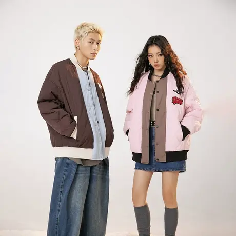 美式复古拼接棒球服棉服女冬季夹棉外套2023新款潮牌情侣宽松棉衣图片