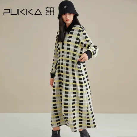 蒲PUKKA 棉针织连衣裙女宽松休闲格纹收腰羊毛连衣裙中长款长裙图片