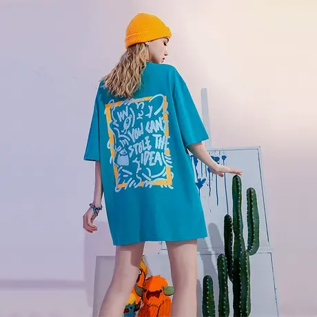 YEP潮牌湖蓝色t恤女亮色短袖大版夏季宽松纯棉内搭打底衫上衣体桖商品大图