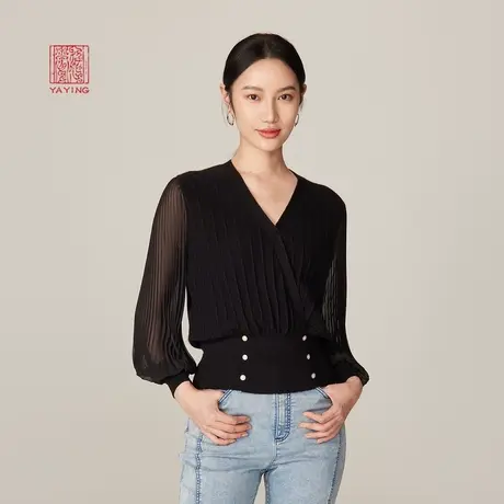 EP雅莹高端系列 网纱V领收腰针织套头衫 商场同款9501C图片