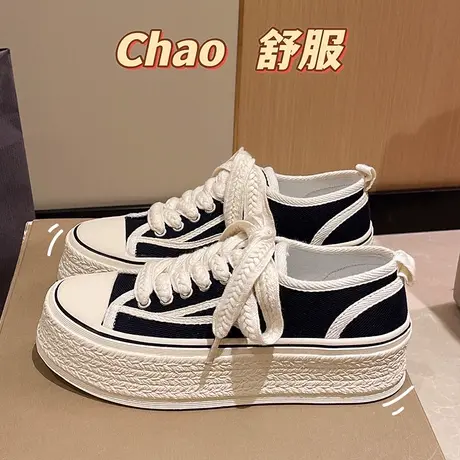 厚底小白帆布鞋女夏季薄款2022新款小香风百搭休闲板鞋松糕饼干鞋图片