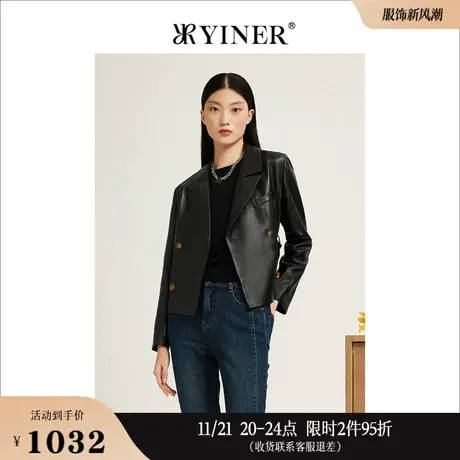 YINER音儿线上专选女装秋季西装领长袖绵羊皮黑色皮衣休闲外套商品大图