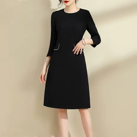 水墨青华春季新品法式钉珠圆领打底裙百搭显瘦黑色麻纱连衣裙商品大图