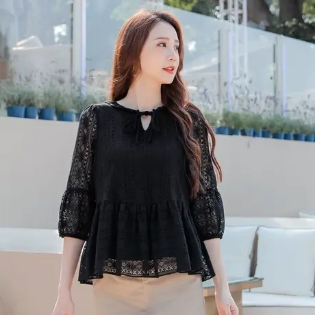 桔熊春秋季法式浪漫复古蕾丝衫微透黑色七分袖上衣女大码AB14765图片