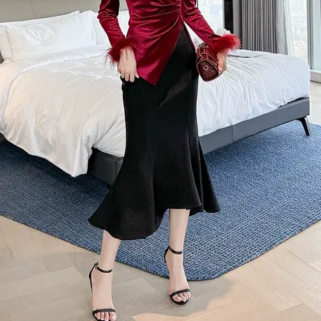 高腰百搭荷叶边包臀半身裙2024新款显瘦中长款气质修身鱼尾裙女装商品大图