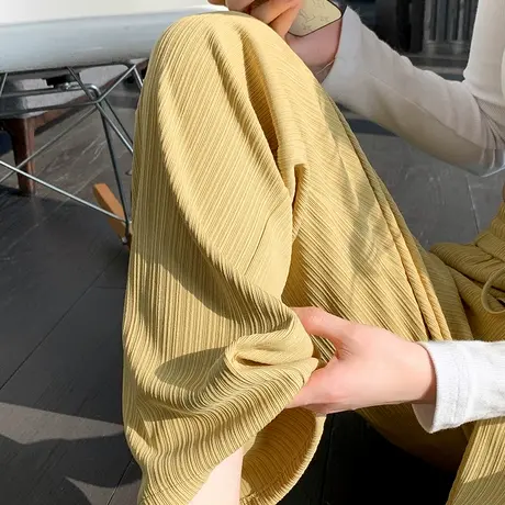 冰丝阔腿裤女夏薄款2024新款松紧腰宽松显瘦高腰直筒裤黄色垂感裤商品大图