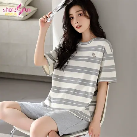 sharefun/霞黛芳【100%棉条纹家居服】夏可外穿短袖短裤睡衣套装图片